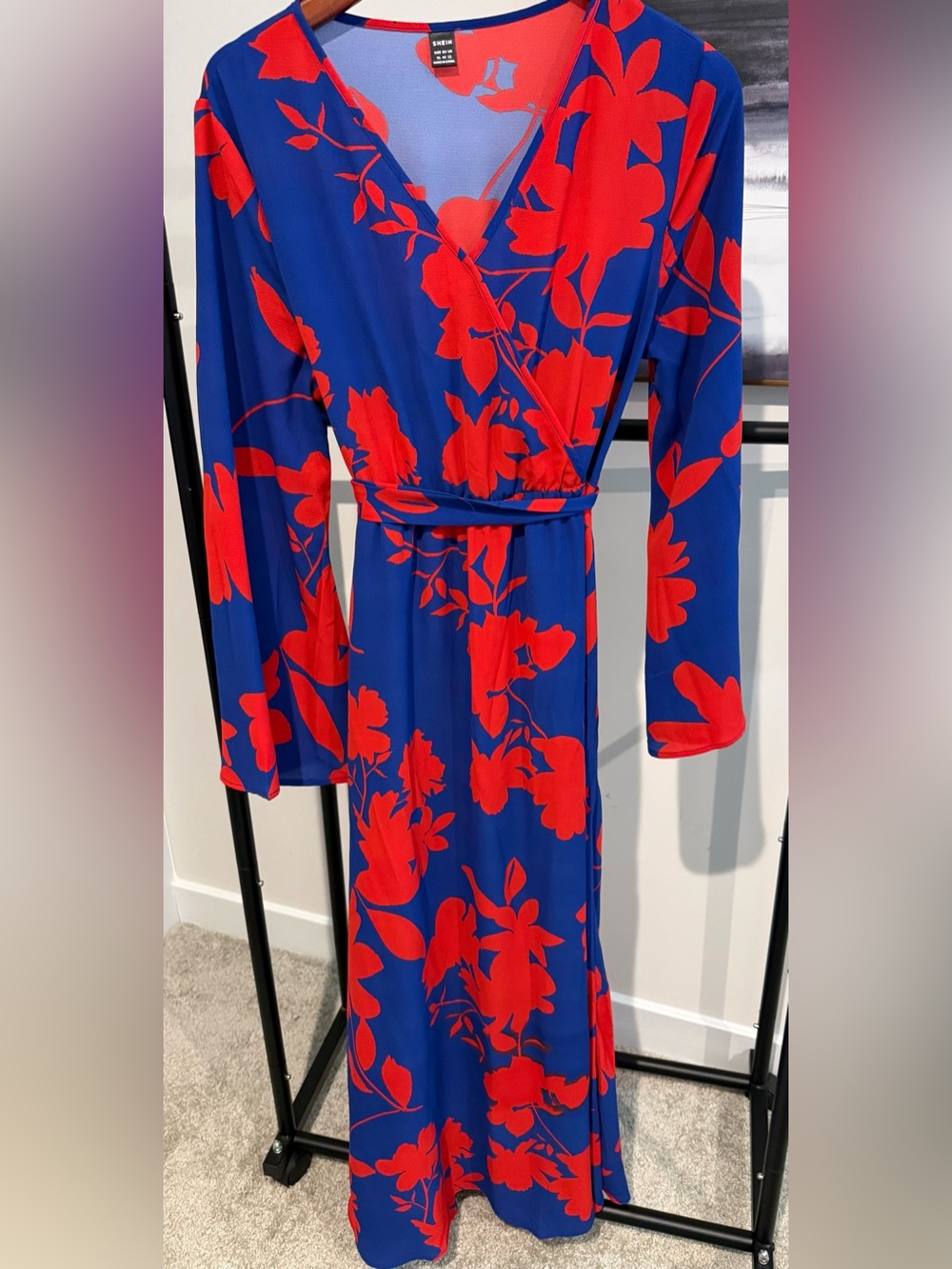 SHEIN Blue Dress with Red Floral Accents
